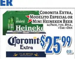 Trade Fair Supermarket CORONITA EXTRA, MODELITO ESPECIAL OR MINI HEINEKEN BEER offer
