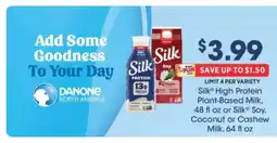 ShopRite Silk High Protein Plant-Based Milk or Silk Soy, Coconut or Cashew Milk offer