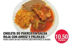 Carnicerias Jimenez CHULETA DE PUERCO EN SALSA ROJA CON ARROZ Y FRIJOLES offer