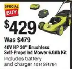 The Home Depot 40V HP 20" Brushless Self-Propelled Mower 6.0Ah Kit offer