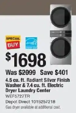 The Home Depot 4.5 cu. ft. Radiant Silver Finish Washer & 7.4 cu. ft. Electric Dryer Laundry Center offer