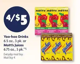Family Dollar Yoo-hoo Drinks 6.5 oz., 3 pk. or Mott's Juices 6.75 oz., 3 pk.**§ offer