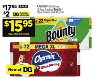 Dollar General Charmin Ultra Strong 12 Mega XL rolls or Bounty Paper Towels 6 Triple Plus rolls offer