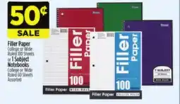 Dollar General Filler Paper College or Wide Ruled 100 Sheets or 1 Subject Notebooks College or Wide Ruled 60 Sheets offer