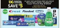 Dollar General Crest , Oral-B , Fixodent or Scope offer