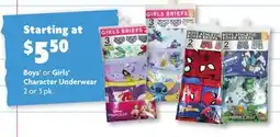 Family Dollar Boys' or Girls' Character Underwear offer