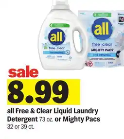 Meijer all Free & Clear Liquid Laundry Detergent 73 oz. or Mighty Pacs 32 or 39 ct offer