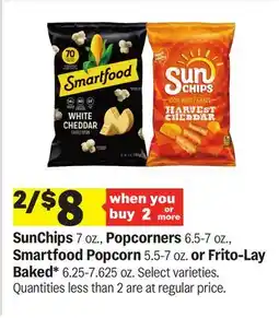 Meijer SunChips 7 Oz., Popcorners 6.5-7 oz., Smartfood Popcorn 5.5-7 oz. or Frito-Lay Baked* 6.25-7.625 oz offer