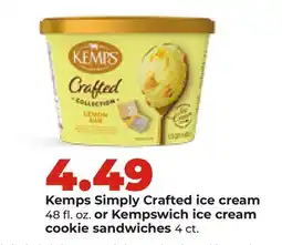 Hy-Vee Kemps Simply Crafted ice cream 48 fl. oz. or Kempswich ice cream cookie sandwiches 4 ct offer