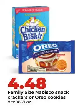 Hy-Vee Family Size Nabisco snackcrackers or Oreo cookies offer
