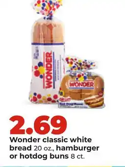 Hy-Vee Wonder classic white bread 20 oz., hamburger or hotdog buns 8 ct offer