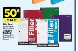 Dollar General Filler Paper or 1 Subject Notebooks offer