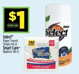 Dollar General Select Paper Towels Single roll or Smart Care Napkins 140 ct offer