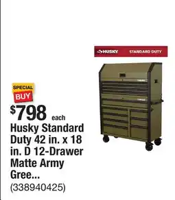 The Home Depot Husky Standard Duty 42 in. x 18 in. D 12-Drawer Matte Army Green Rolling Tool Chest Combo offer