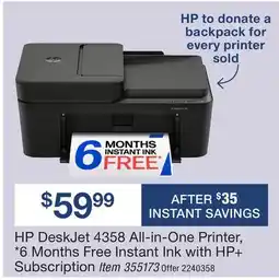 BJ’s HP DeskJet 4358 All-in-One Printer, *6 Months Free Instant Ink with HP+ Subscription offer