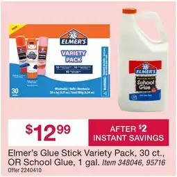 BJ’s Elmer's Glue Stick Variety Pack, 30 ct., OR School Glue, 1 gal offer
