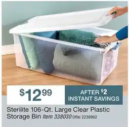 BJ’s Sterilite 106-Qt. Large Clear Plastic Storage Bin offer