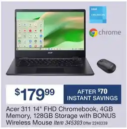 BJ’s Acer 311 14 FHD Chromebook, 4GB Memory, 128GB Storage with BONUS Wireless Mouse offer