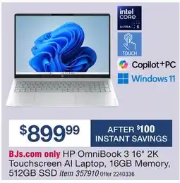 BJ’s HP OmniBook 3 16 2K Touchscreen AI Laptop, 16GB Memory, 512GB SSD offer