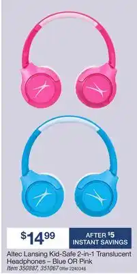 BJ’s Altec Lansing Kid-Safe 2-in-1 Translucent Headphones – Blue OR Pink offer