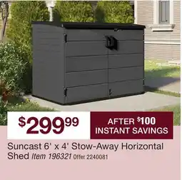 BJ’s Suncast 6' x 4' Stow-Away Horizontal Shed offer