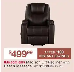 BJ’s Madison Lift Recliner with Heat & Massage offer