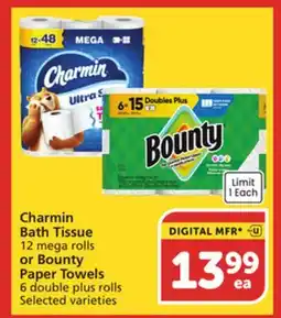 Vons Charmin Bath Tissue 12 mega rolls or Bounty Paper Towels 6 double plus rolls offer