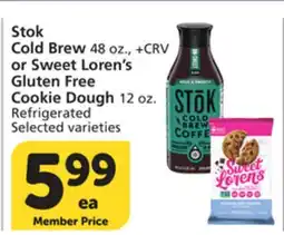 Vons Stok Cold Brew 48 oz., or Sweet Loren's Gluten Free Cookie Dough 12 oz offer