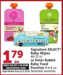 Albertsons Signature SELECT Baby Wipes 60-72 ct. or Peter Rabbit Baby Food Pouches 4-4.4 oz offer