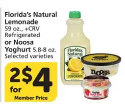 Albertsons Florida's Natural Lemonade 59 oz., Refrigerated or Noosa Yoghurt 5.8-8 oz offer