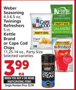 Albertsons Weber Seasoning 4.3-6.5 oz. Twinings Refreshers 5 ct. Kettle Brand or Cape Cod Chips 11.25-14 oz offer