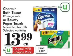 Pavilions Charmin Bath Tissue 12 mega rolls or Bounty Paper Towels 6 double plus rolls offer