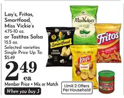 Pavilions Lay's, Fritos, Smartfood, Miss Vickie's 4.75-10 oz. or Tostitos Salsa 15.5 oz offer