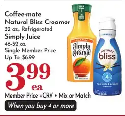 Pavilions Coffee-mate Natural Bliss Creamer 32 oz., Simply Juice 46-52 oz offer