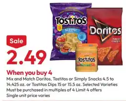 Stater Bros Doritos, Tostitos or Simply Snacks 4.5 to 14.425 oz. or Tostitos Dips 15 or 15.5 oz offer