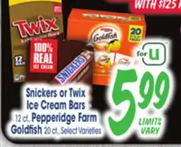 Jewel-Osco Snickers or Twix Ice Cream Bars 12 ct., Pepperidge Farm Goldfish 20 ct offer