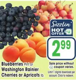 Jewel-Osco Blueberries Pint or Washington Rainier Cherries or Apricots lb offer