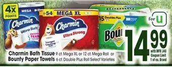 Jewel-Osco Charmin Bath Tissue 9 ct. Mega XL or 12 ct. Mega Roll or Bounty Paper Towels 6 ct. Double Plus Roll offer
