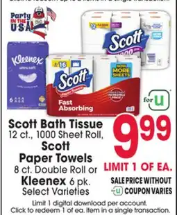 Jewel-Osco Scott Bath Tissue 12 ct., 1000 Sheet Roll, Scott Paper Towels 8 ct. Double Roll or Kleenex 6 pk offer