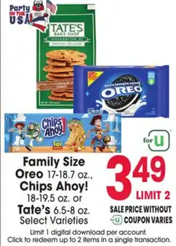 Jewel-Osco Family Size Oreo 17-18.7 oz.. Chips Ahoy! 18-19.5 oz. or Tate's 6.5-8 oz offer