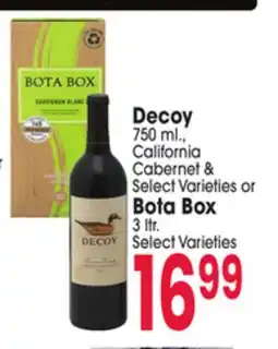 Jewel-Osco Decoy 750 mL., California Cabernet & Select Varieties or Bota Box 3 ltr. Select Varieties offer