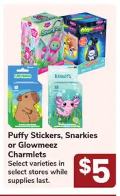 Jewel-Osco Puffy Stickers, Snarkies or Glowmeez Charmlets offer