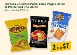 Sprouts Farmers Market Hippeas Chickpea Puffs, Terra Veggie Chips or Pretzelized Pita Chips offer
