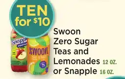 Heinen's Swoon Zero Sugar Teas and Lemonades 12 OZ. or Snapple 16 OZ offer