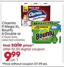 Giant Eagle Charmin 9 Mega XL, Bounty 6 Double or 4 Triple Rolls offer