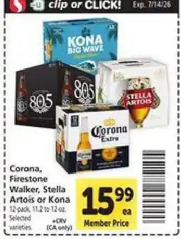 Safeway Corona, Firestone Walker, Stella Artois or Kona offer