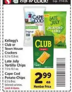 Safeway Kellogg's Club or Town House Crackers, Late July Tortilla Chips, Cape Cod Potato Chips offer