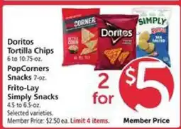 Safeway Doritos Tortilla Chips, PopCorners Snacks, Frito-Lay Simply Snacks offer