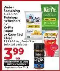 Albertsons Weber Seasoning, Twinings Refreshers, Kettle Brand or Cape Cod Chips offer