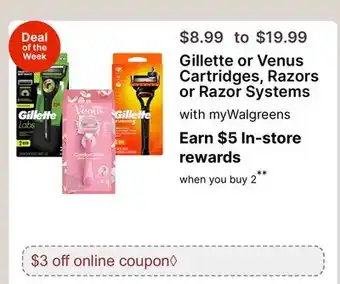 Walgreens Gillette or Venus Cartridges, Razors or Razor Systems offer